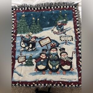 Festive Penguins at the North Pole Tapestry Blanket